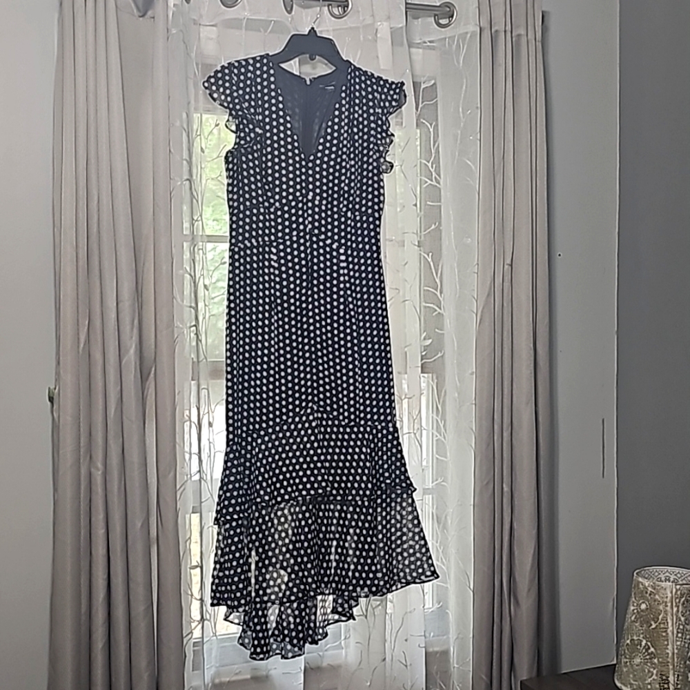 White dots blue dress